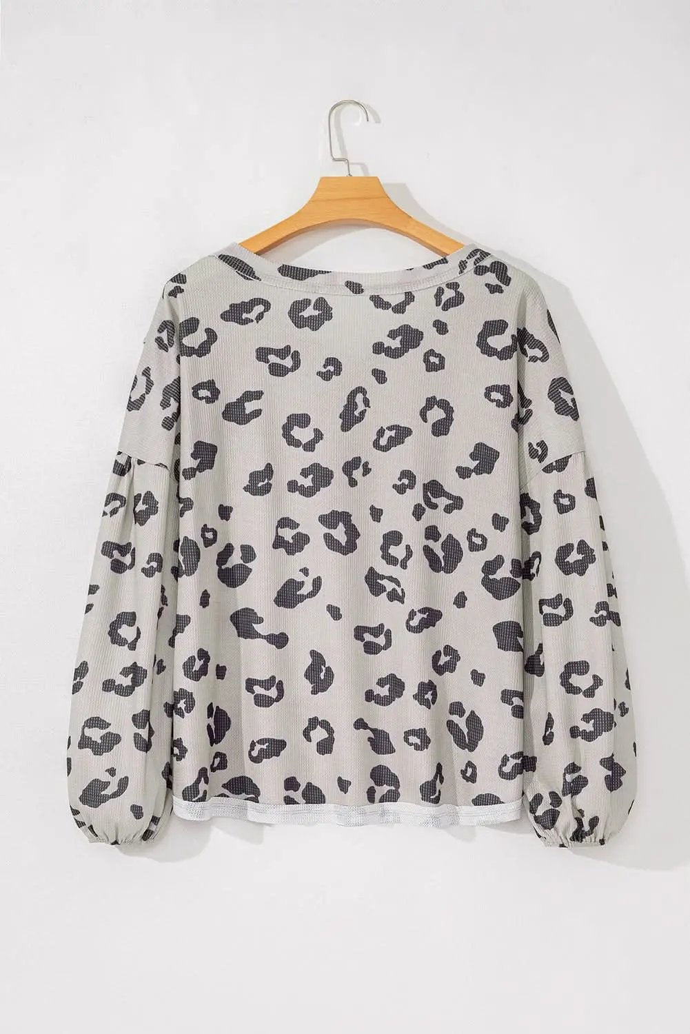 Gray Printed Leopard Balloon Sleeve Thermal Knit Plus Size Top - Love Salve